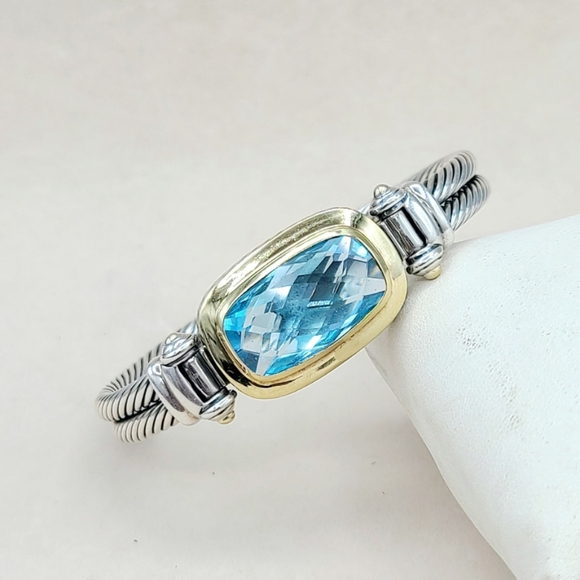 David Yurman Albion Elongated Double Cable Bracelet With Blue Topaz And Gold - Picture 1 of 10